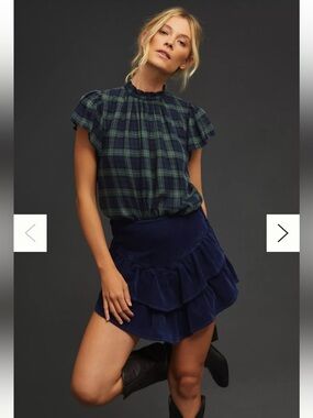 Trovata Birds of Paradis The Carla Highneck Blouse Flutter Sleeve Plaid Small